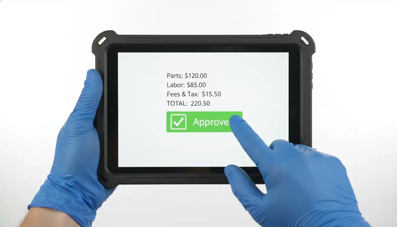 Technician showing a transparent garage door repair price estimate on a tablet