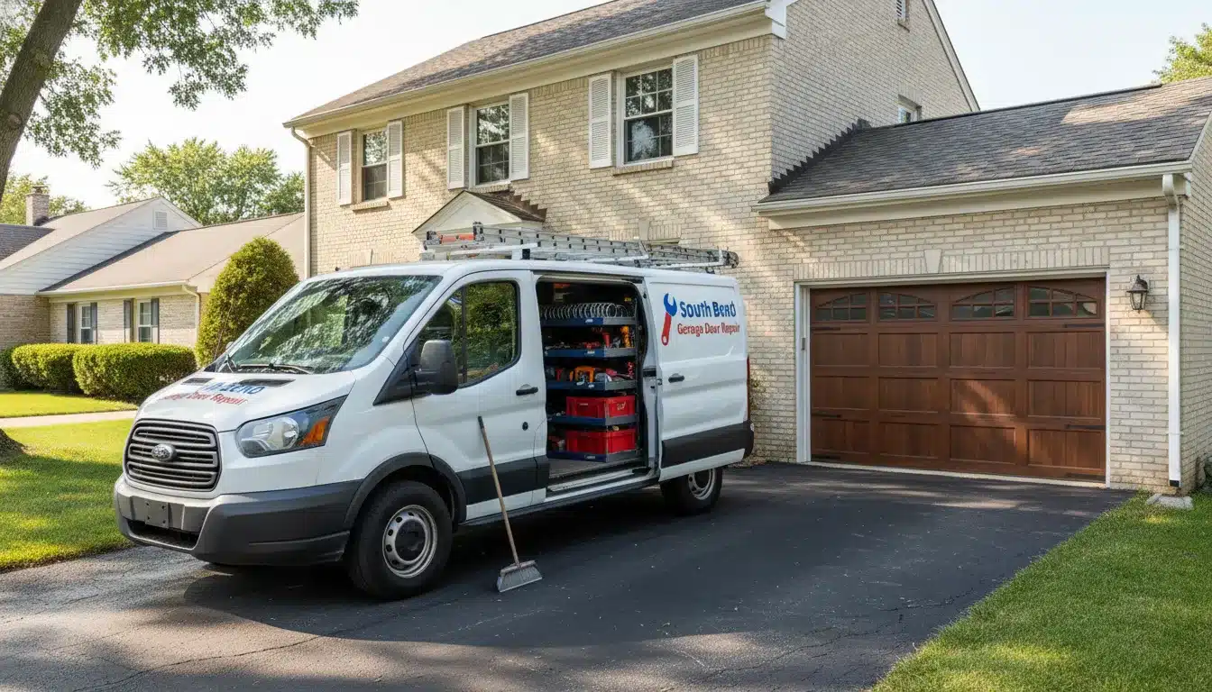 South Bend garage door repair service van parked at a customer's home