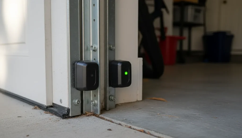 Properly aligned garage door safety sensors with a solid green LED light.
