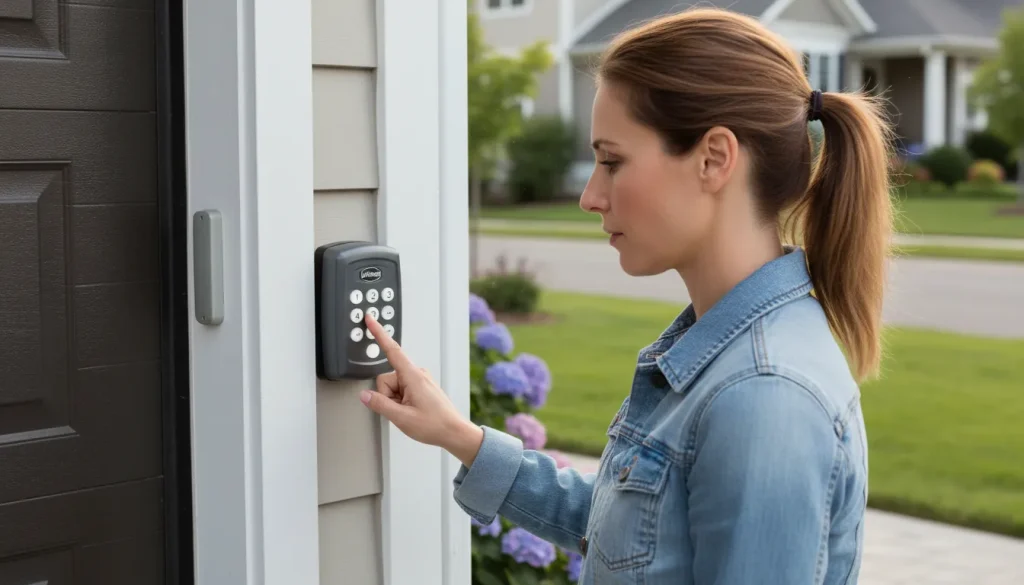 A person entering a PIN code on a LiftMaster wireless keypad outside a garage.