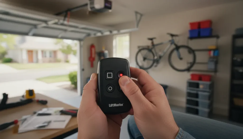 A technician holding a LiftMaster remote control and pressing the button to sync with the opener.