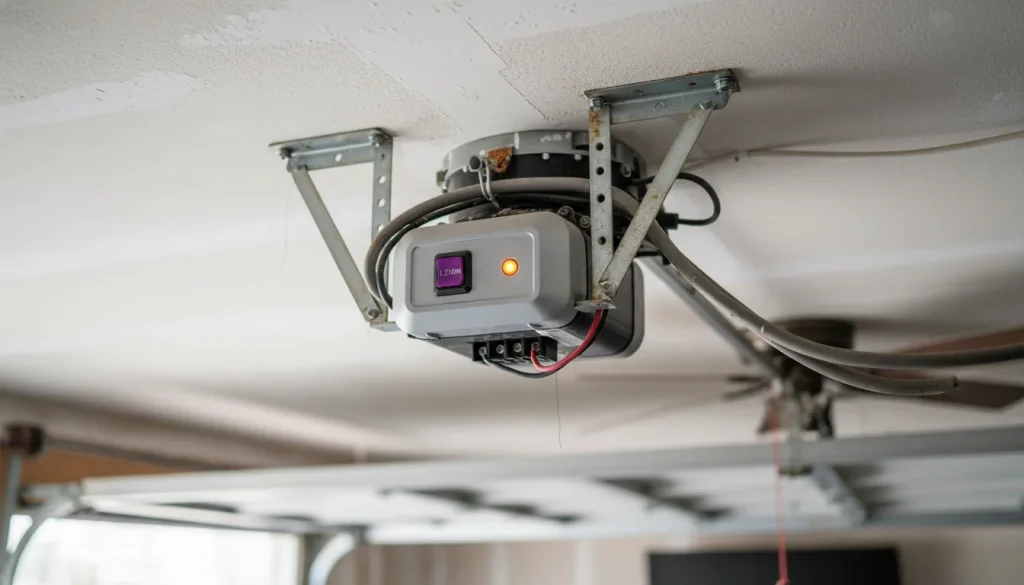 Close-up of a LiftMaster garage door opener motor unit showing the purple learn button for programming.