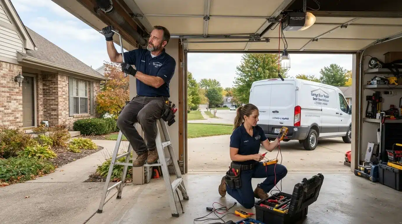 Garage Door Repair South Bend Indiana technicians repairing a residential garage door spring and opener.