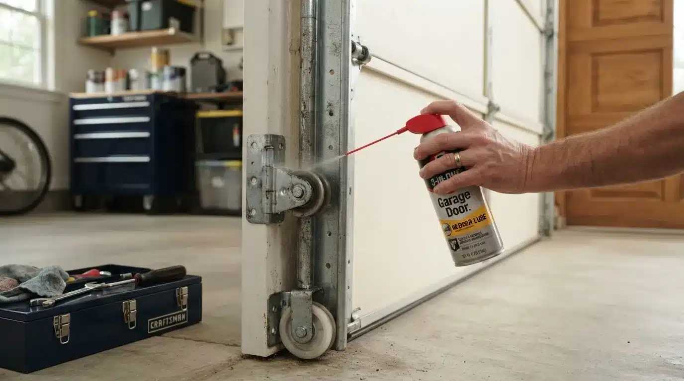 Hand applying lubricant to a garage door roller and hinge