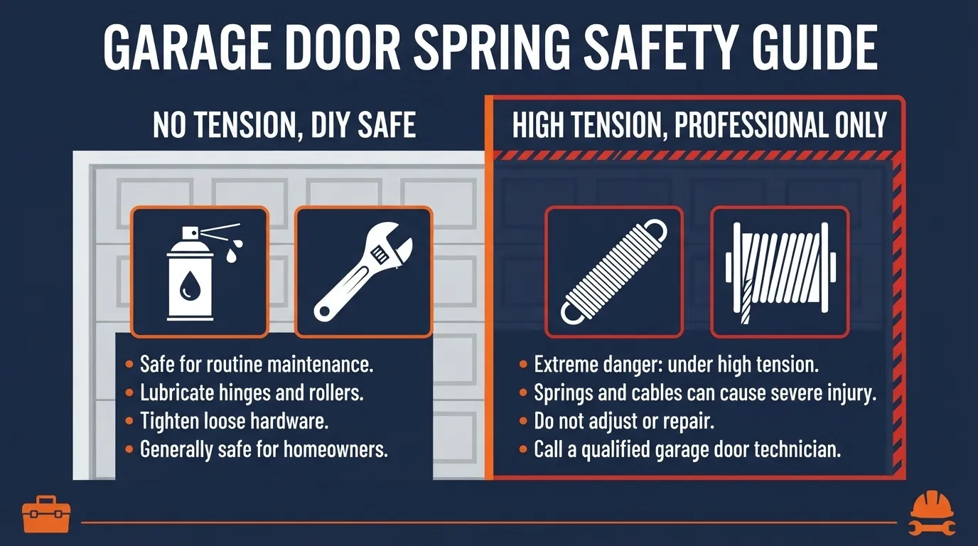 Infographic showing tension-based split between DIY-safe and professional-only garage door tasks