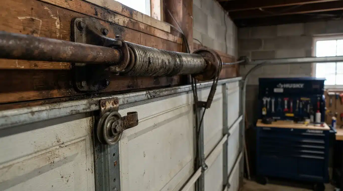 Close-up of an aging garage door spring and roller system