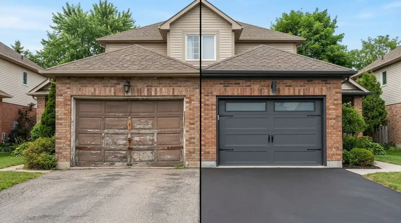 Before and after comparison of an old and new garage door