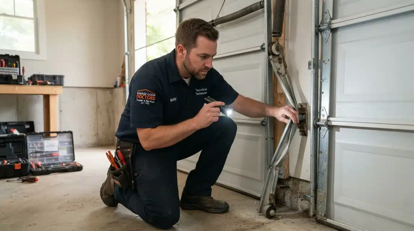 Garage door repair technician inspecting a bent track with a flashlight