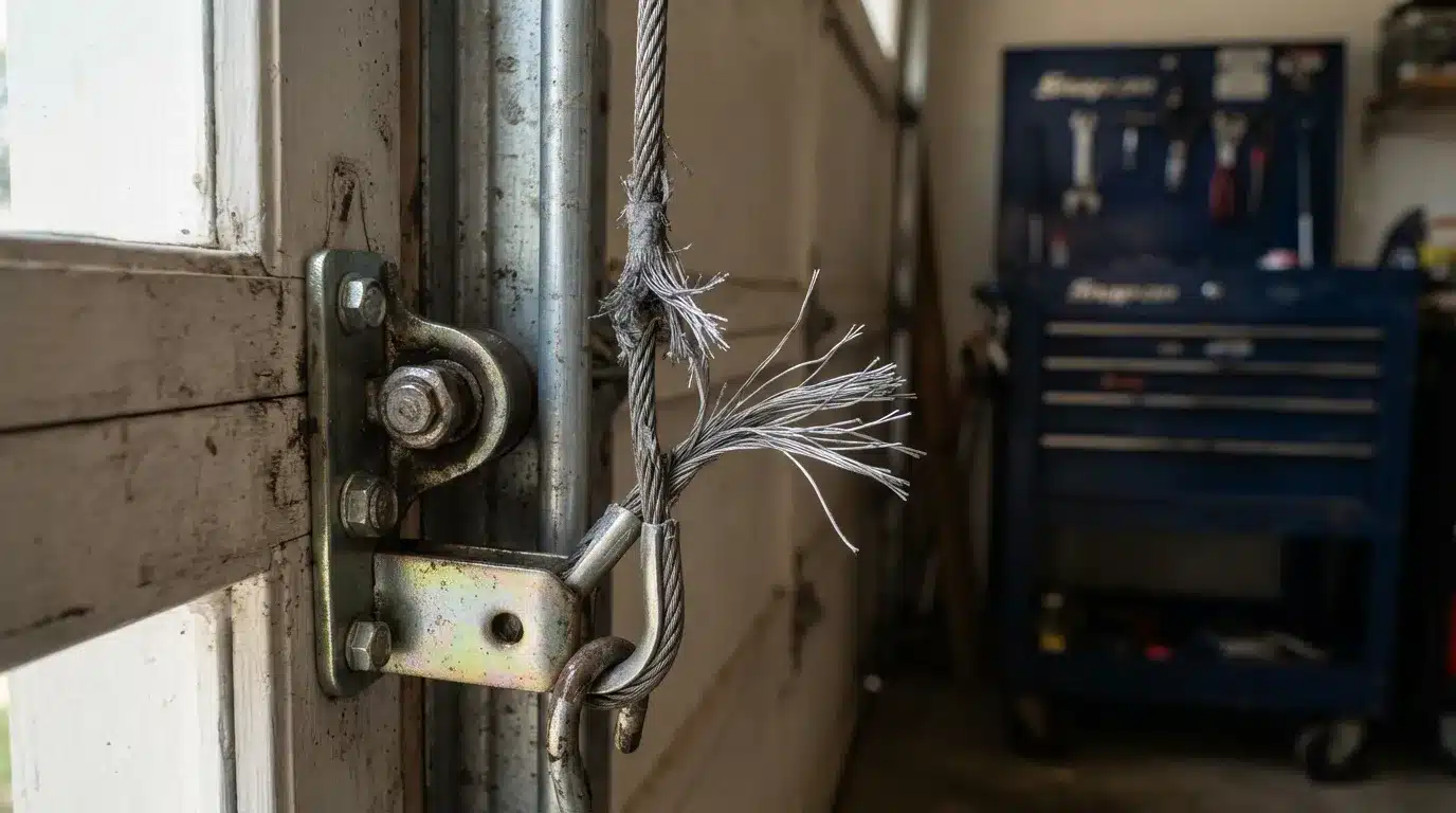 Close-up of a frayed and broken garage door cable
