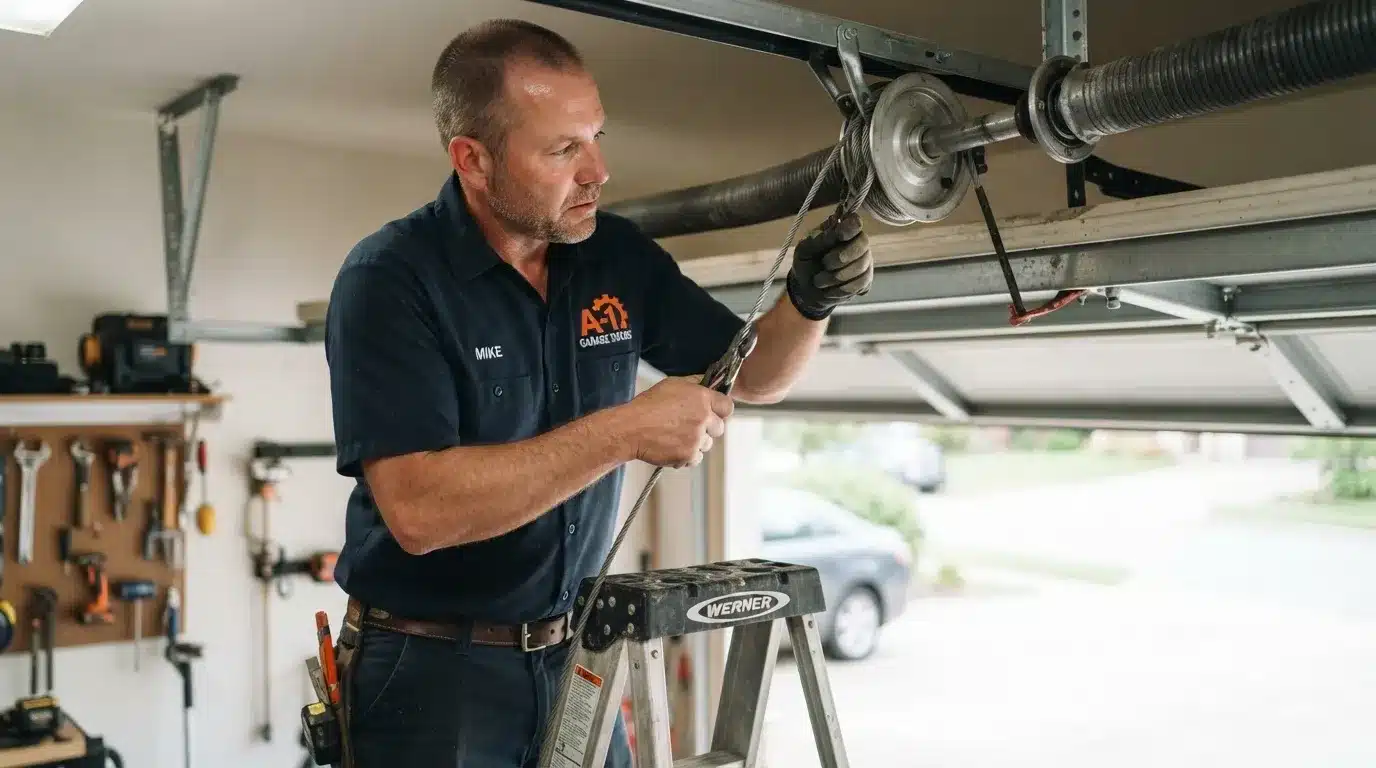 Garage door repair technician installing a new cable onto a drum