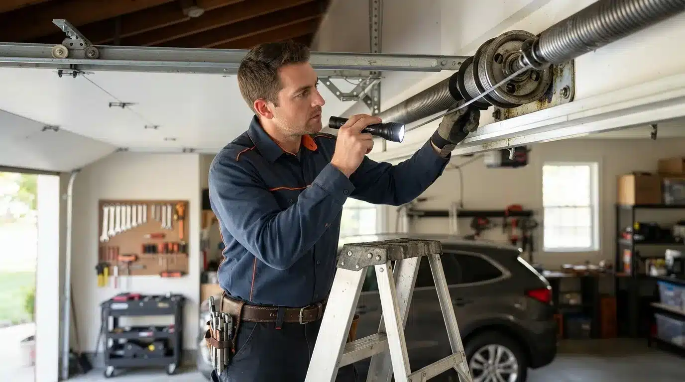 Technician examining a garage door cable and spring near the top of the frame