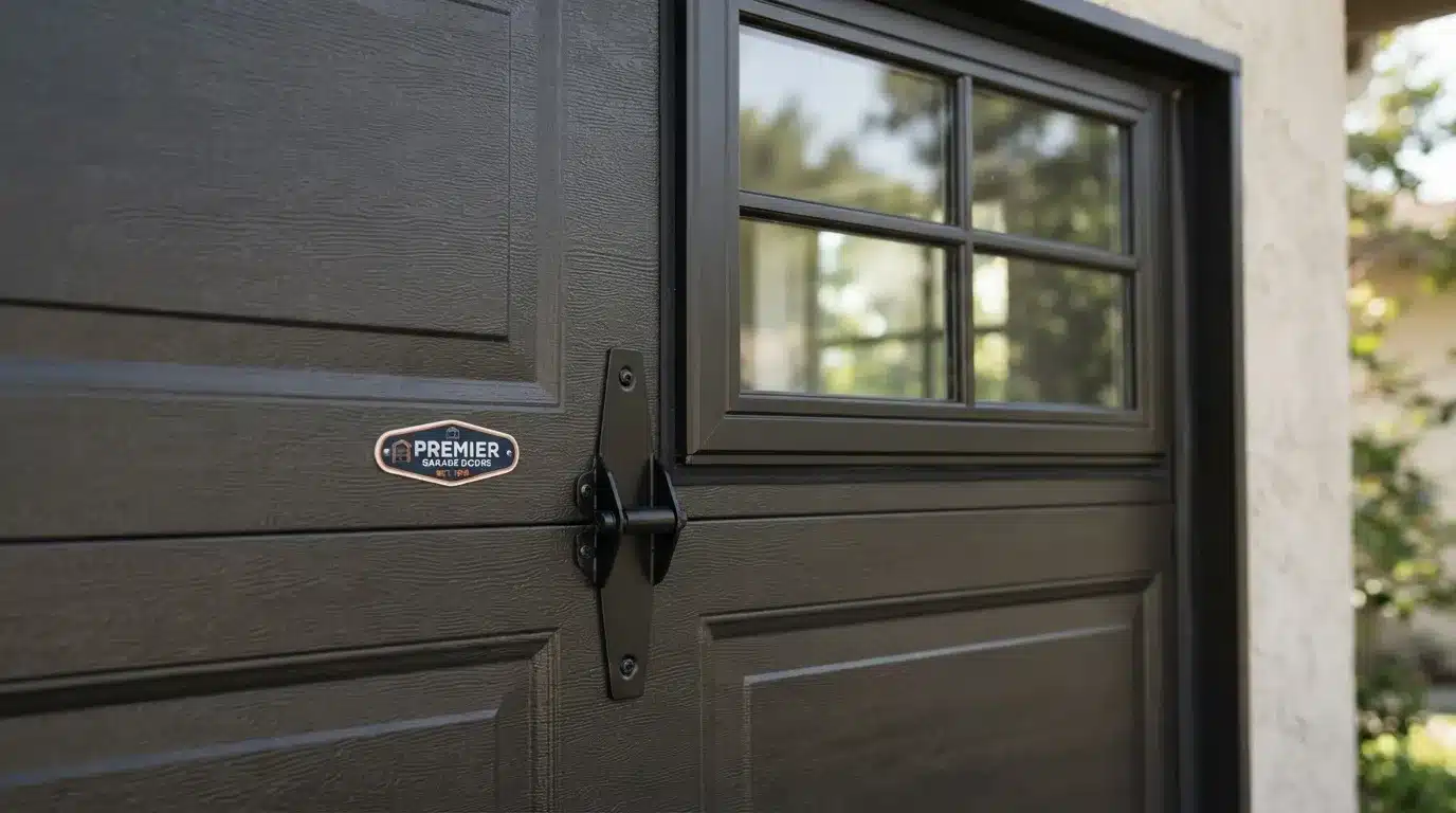 Close-up of a garage door showing color finish and window insert