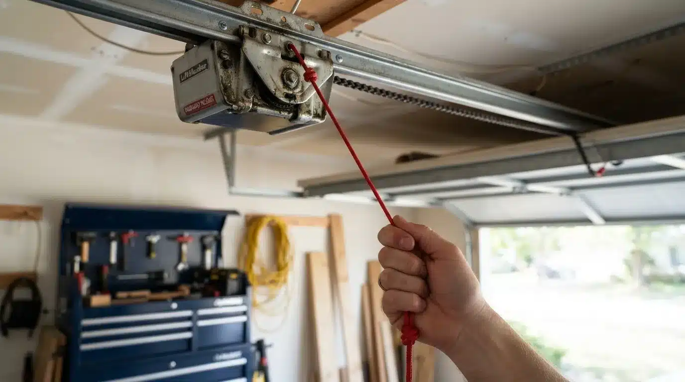 Hand pulling the red emergency release cord on a garage door opener