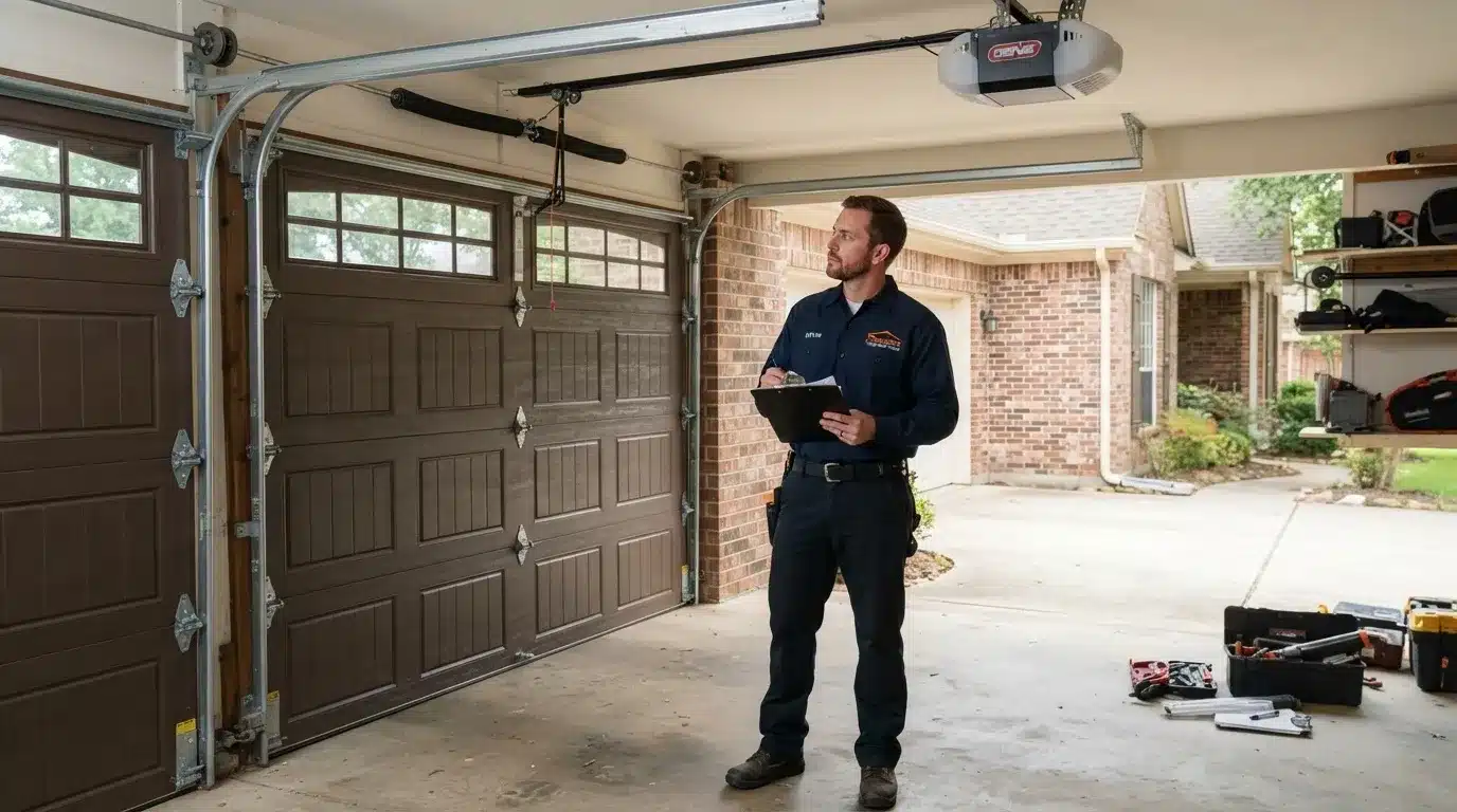 Garage door repair technician assessing a full residential door system