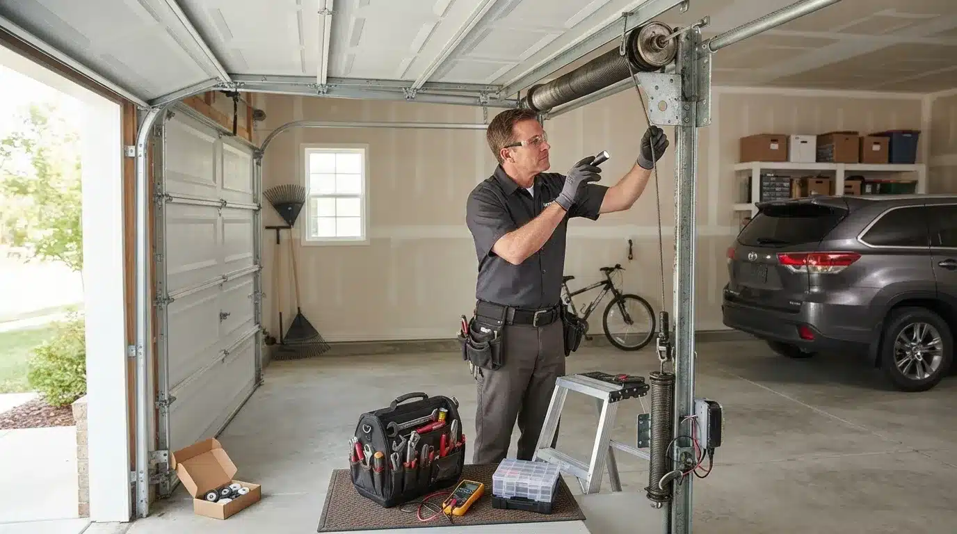 Technician inspecting garage door springs, cables, rollers, tracks, and safety sensors