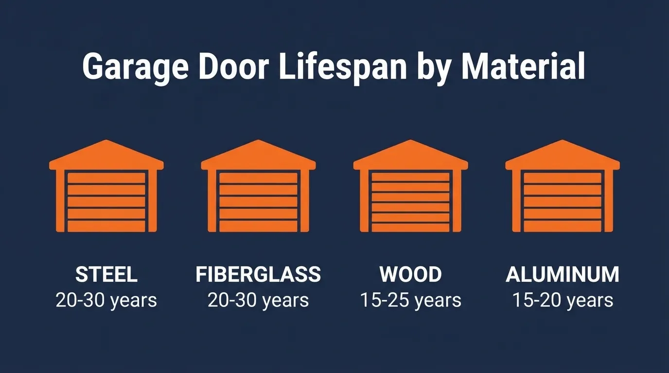 Infographic comparing average lifespan of steel, fiberglass, wood, and aluminum garage doors