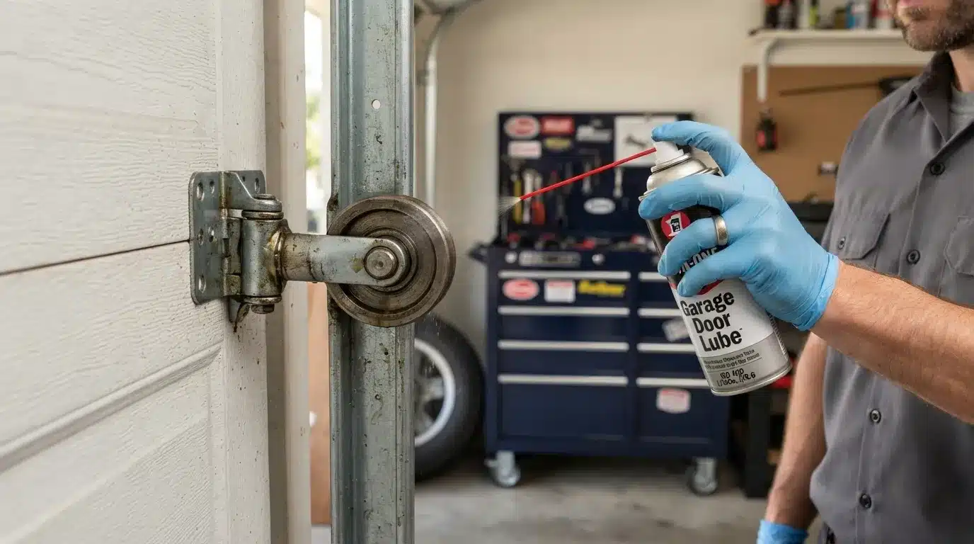 Hand applying silicone lubricant to a garage door roller and hinge