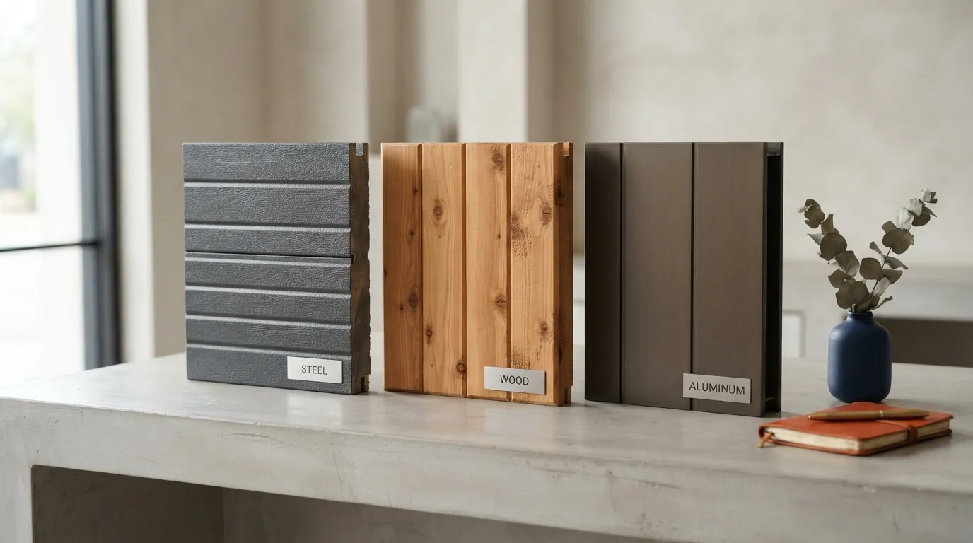 Close-up comparison of steel, wood, and aluminum garage door materials