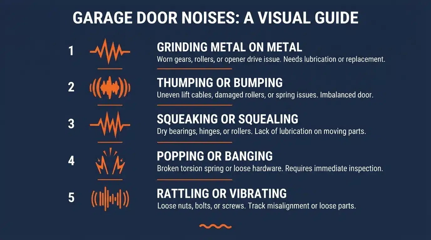 Infographic showing different garage door noise types and what they mean