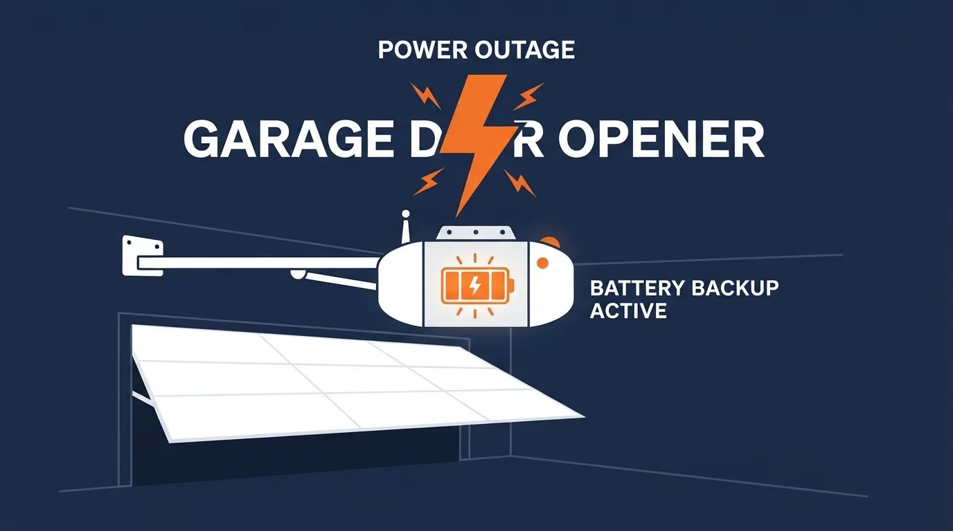 Illustration of a garage door opener battery backup activating during a power outage