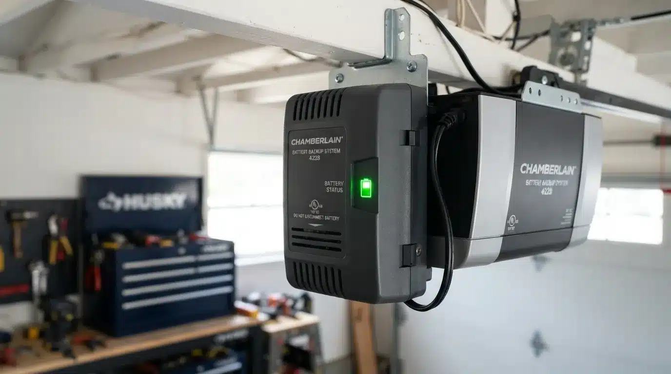 Close-up of a garage door opener battery backup status indicator light
