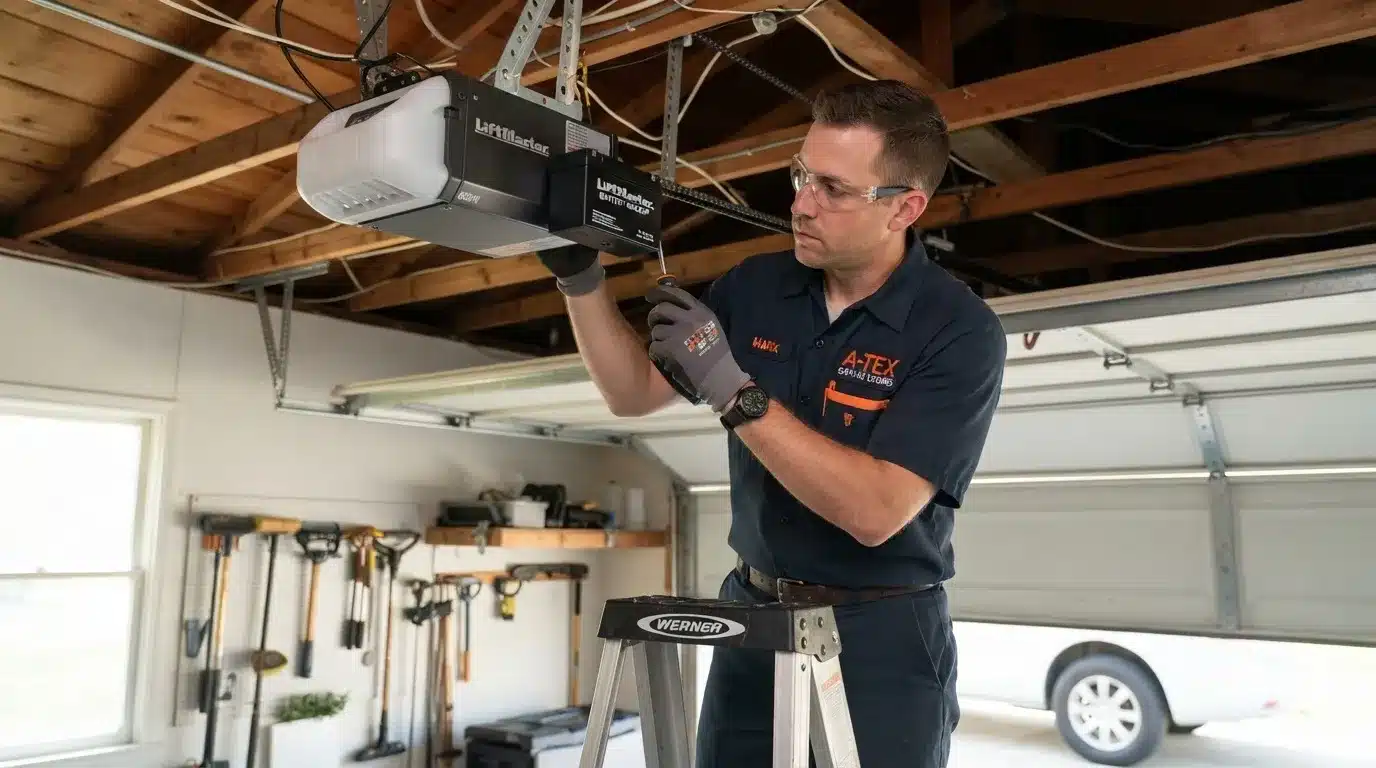 Garage door repair technician installing a battery backup unit on an opener