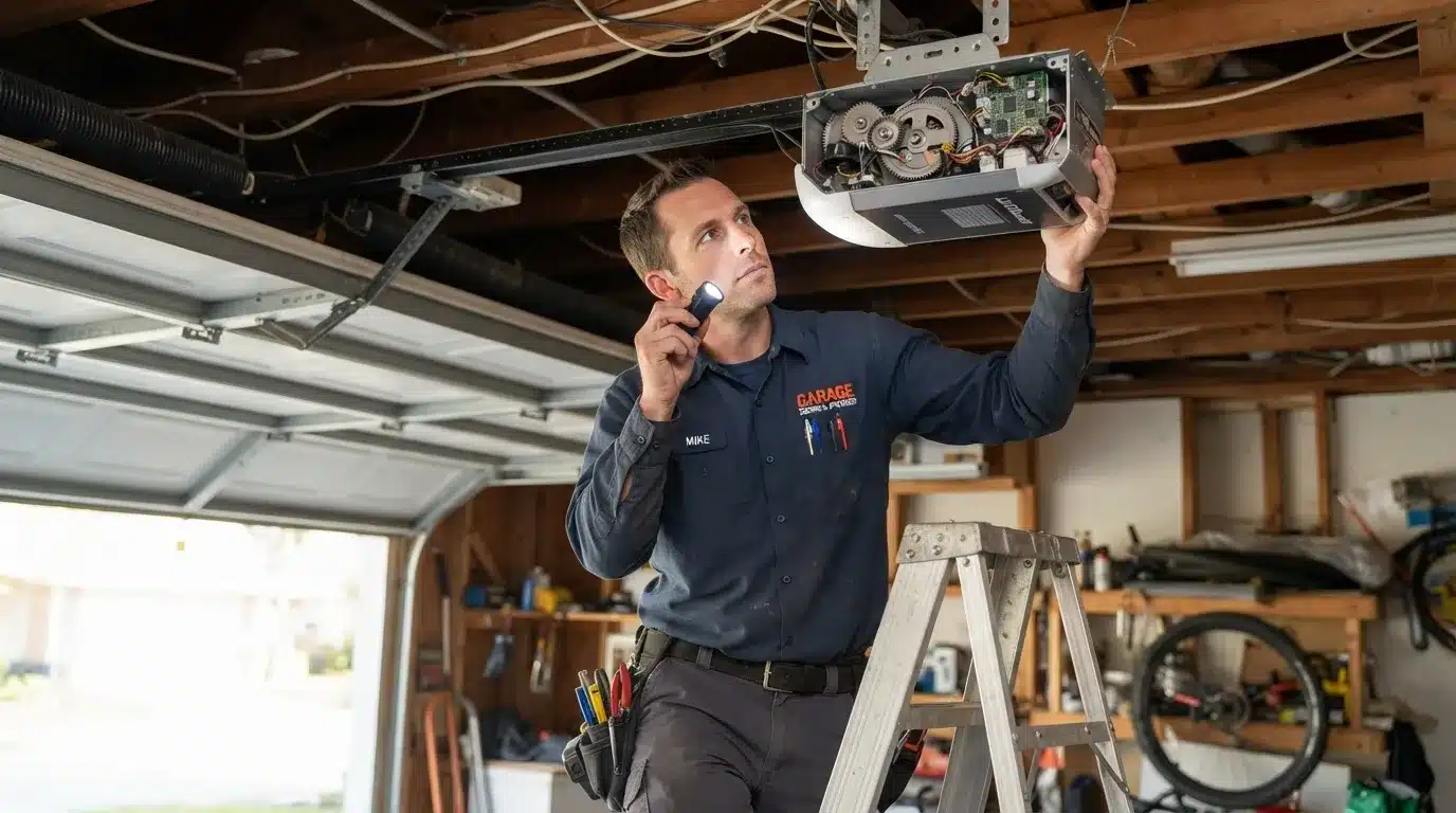 Garage door repair technician inspecting an opener motor with a flashlight