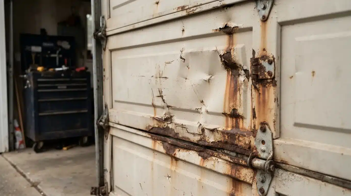 Close-up of a garage door panel with visible rust and dents