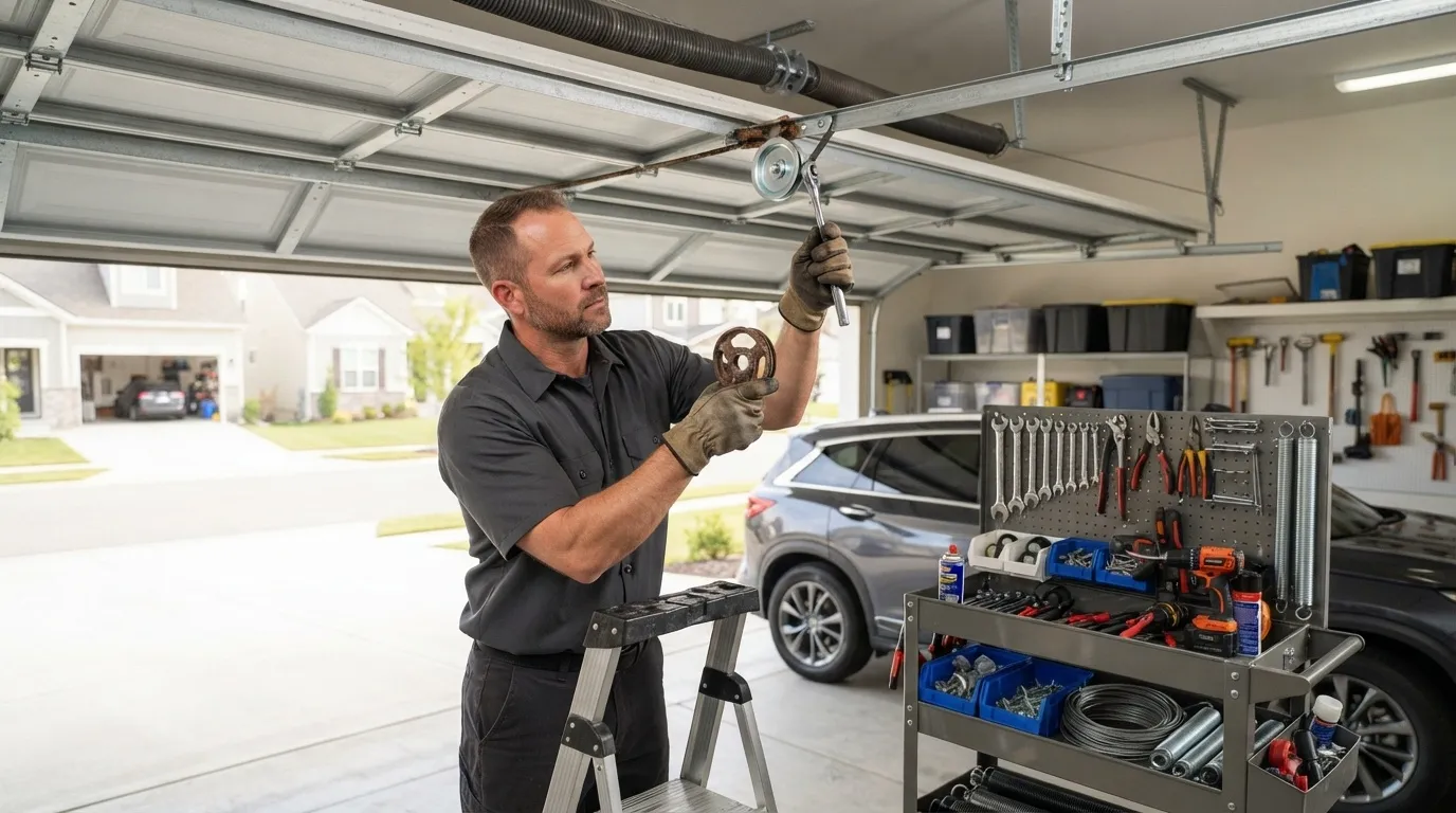 Garage door technician replacing a damaged component during a residential repair