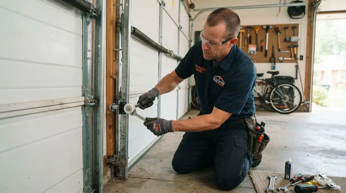 Garage door repair technician replacing a roller on the track