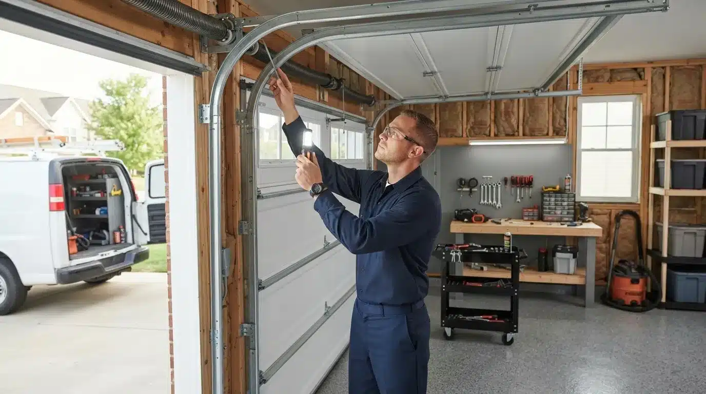 Garage door technician inspecting a residential garage door during a service call