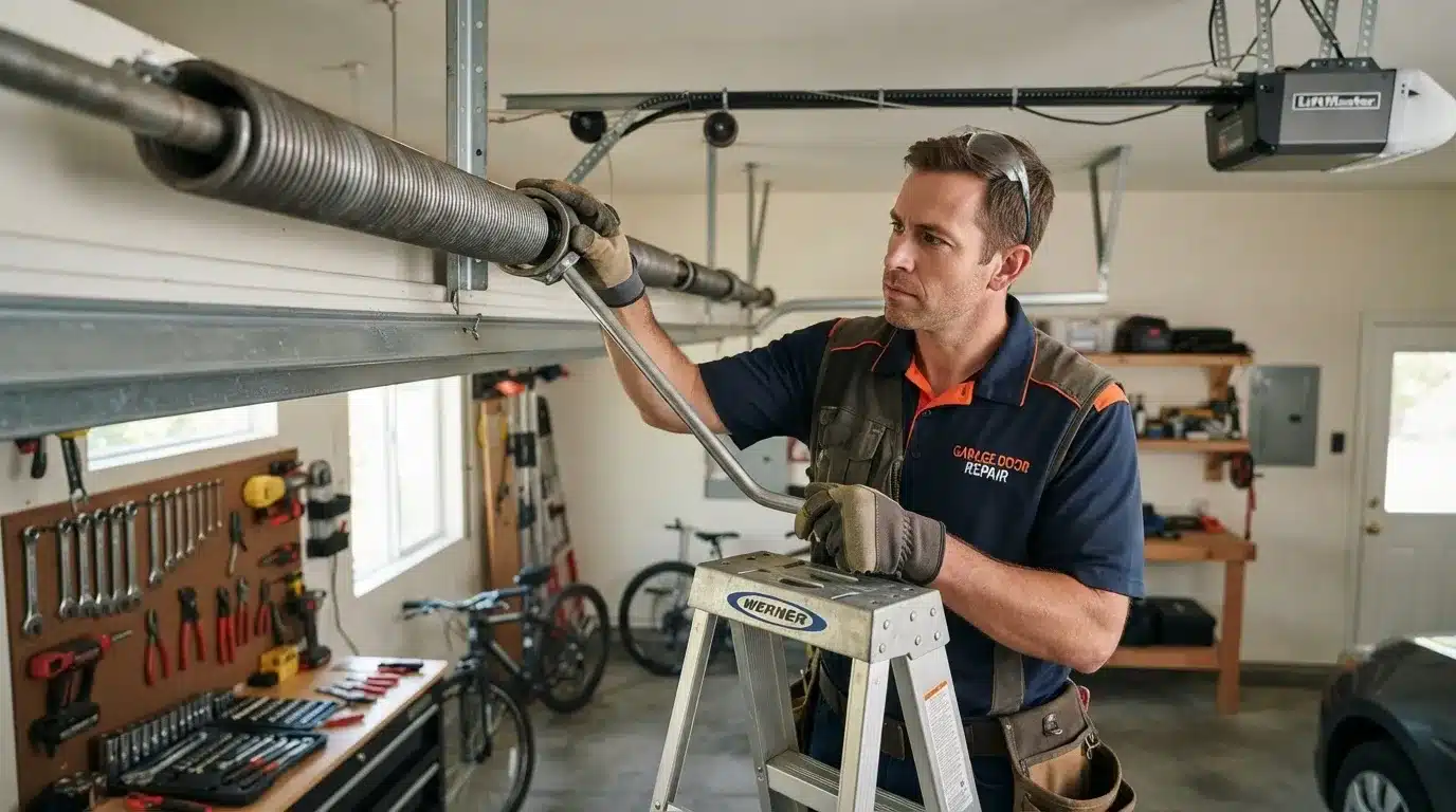 Technician carefully examining a garage door torsion spring