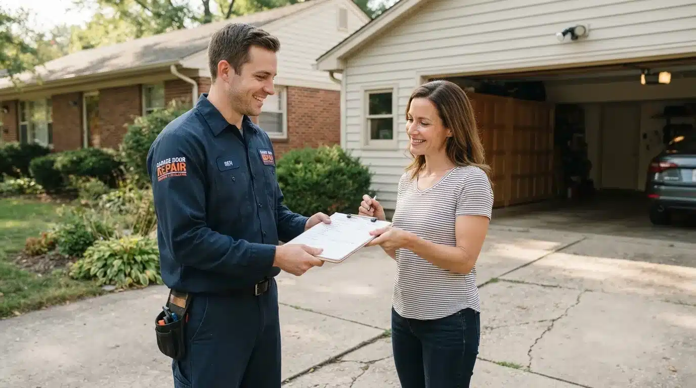 Garage door technician handing a written itemized quote to a homeowner