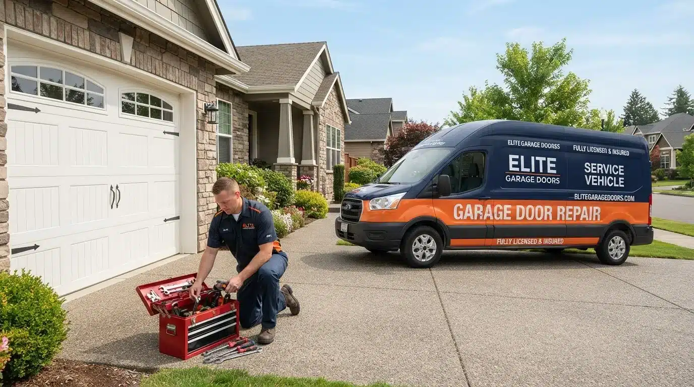 Technician packing up tools after completing garage door spring replacement