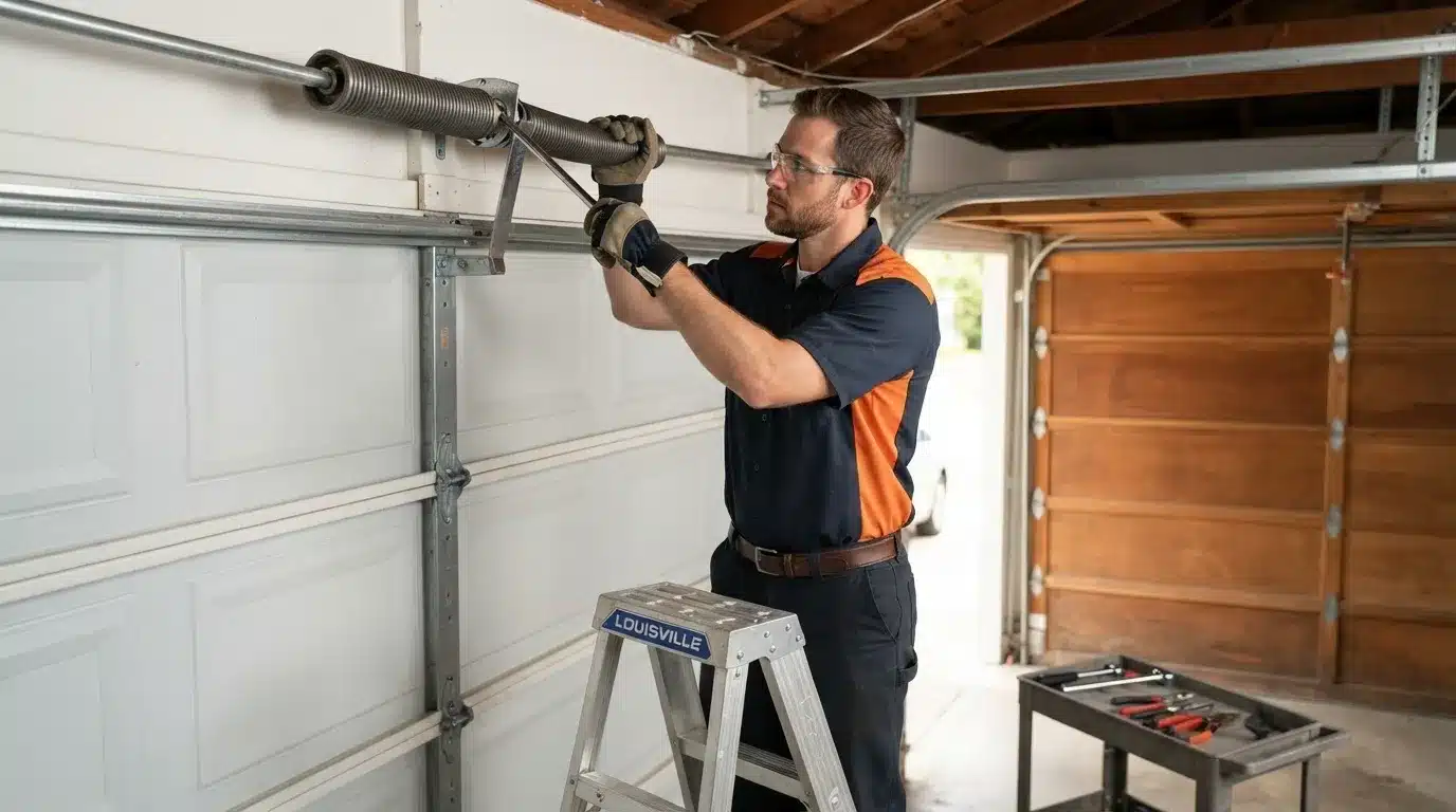Technician carefully adjusting a torsion spring during a tune up