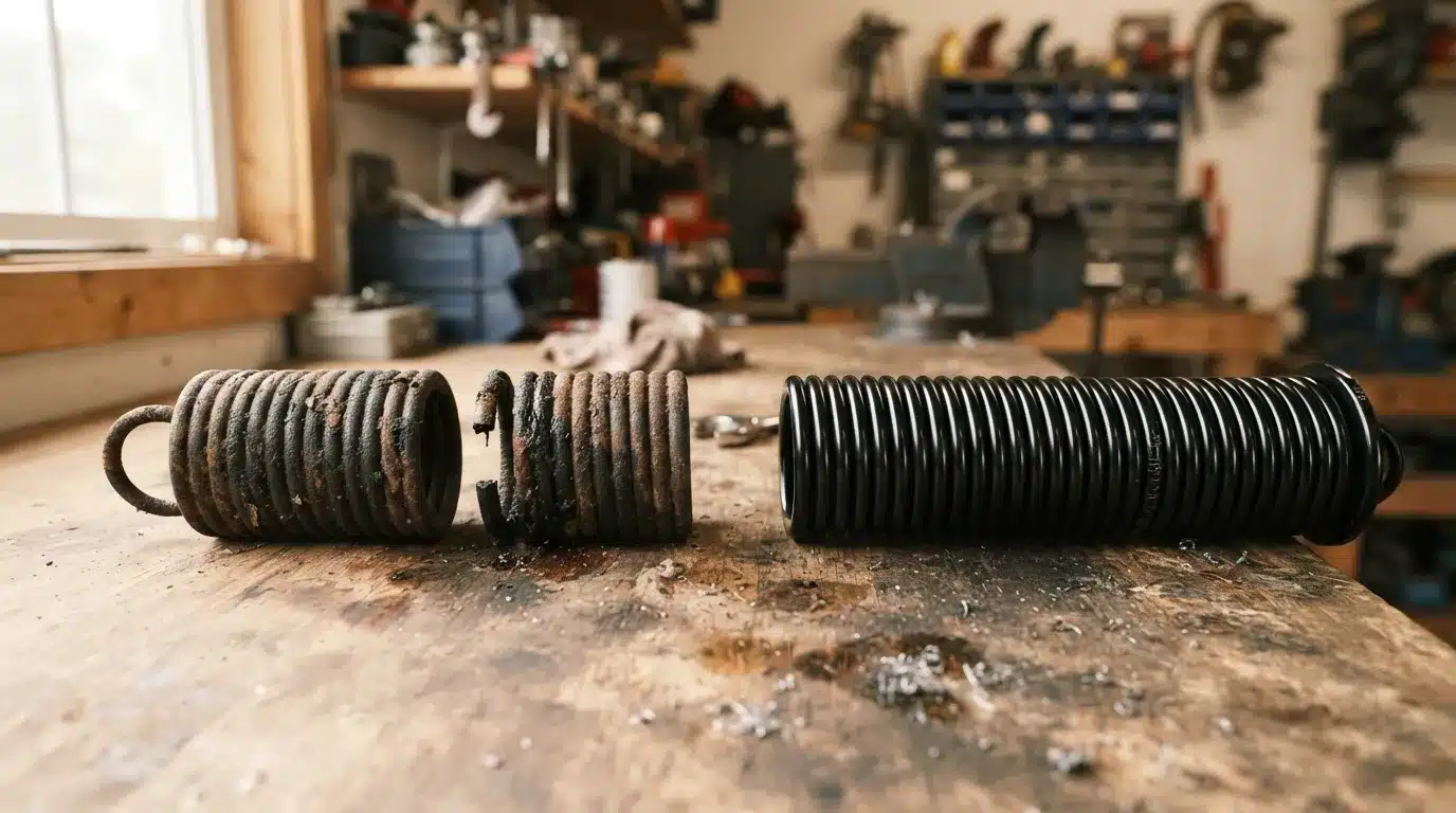 Side by side comparison of a worn garage door spring and a new replacement spring