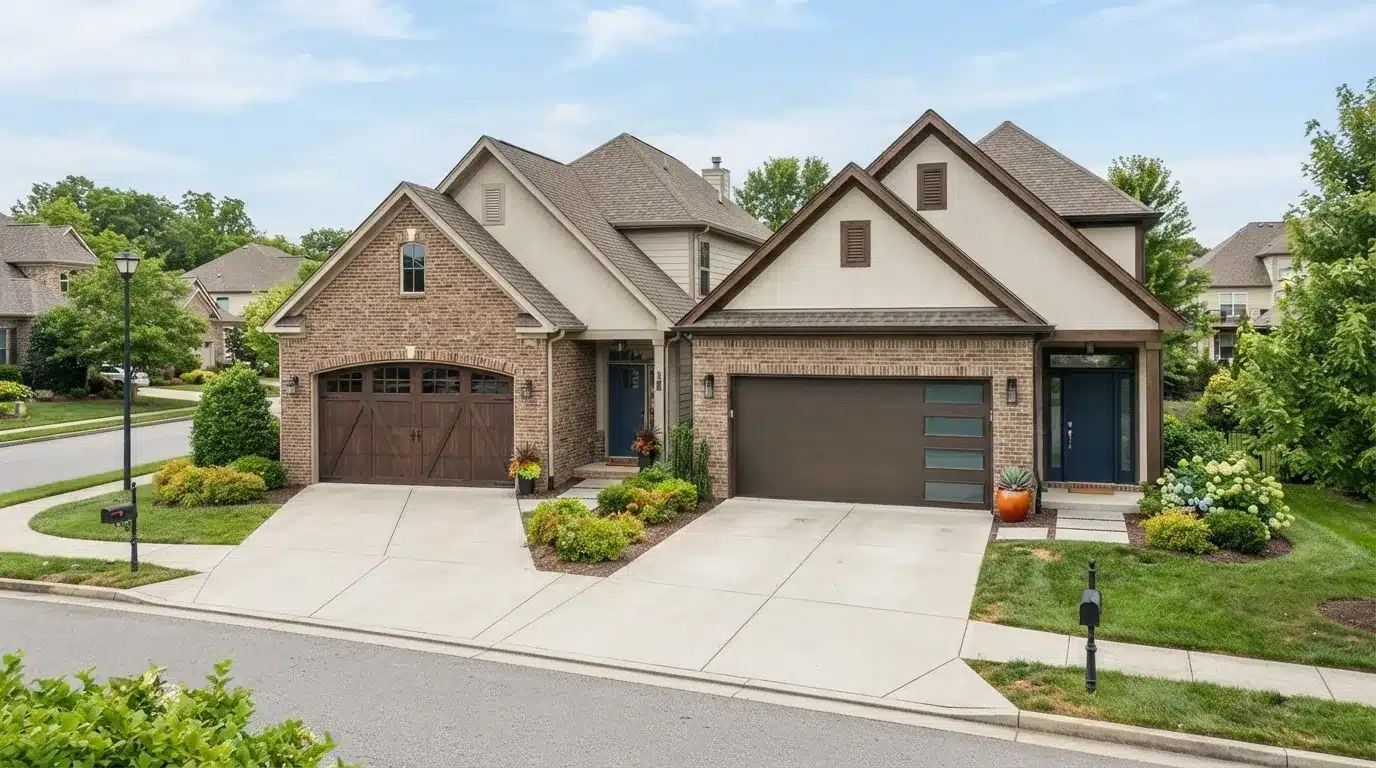 Side by side comparison of carriage house and flush panel garage door styles