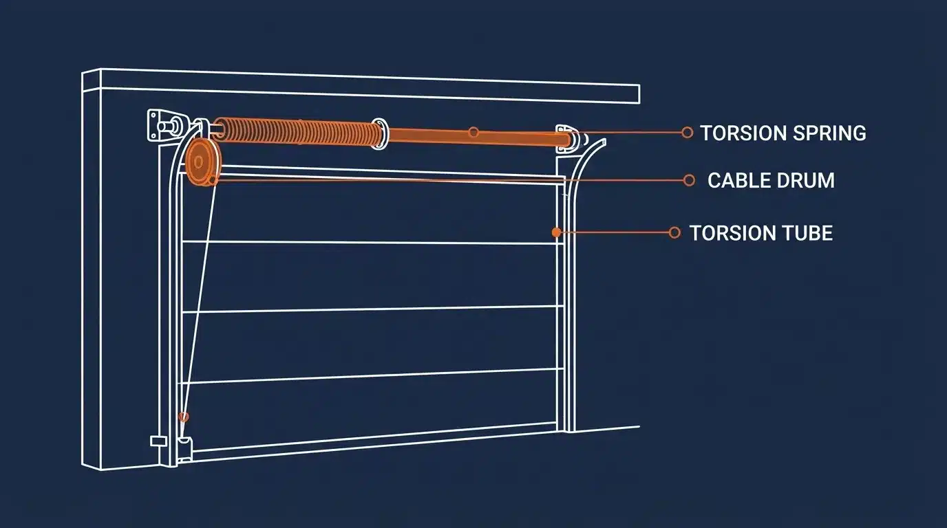 Diagram showing garage door torsion spring mounted above the door