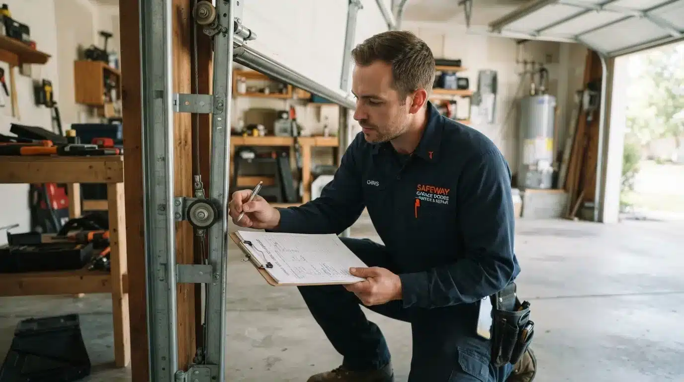 Garage door repair technician inspecting hardware during a tune up