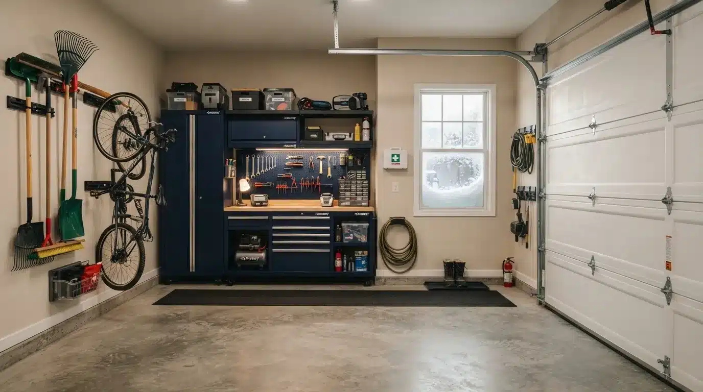 Interior of a warm, well insulated garage during winter with snow visible outside