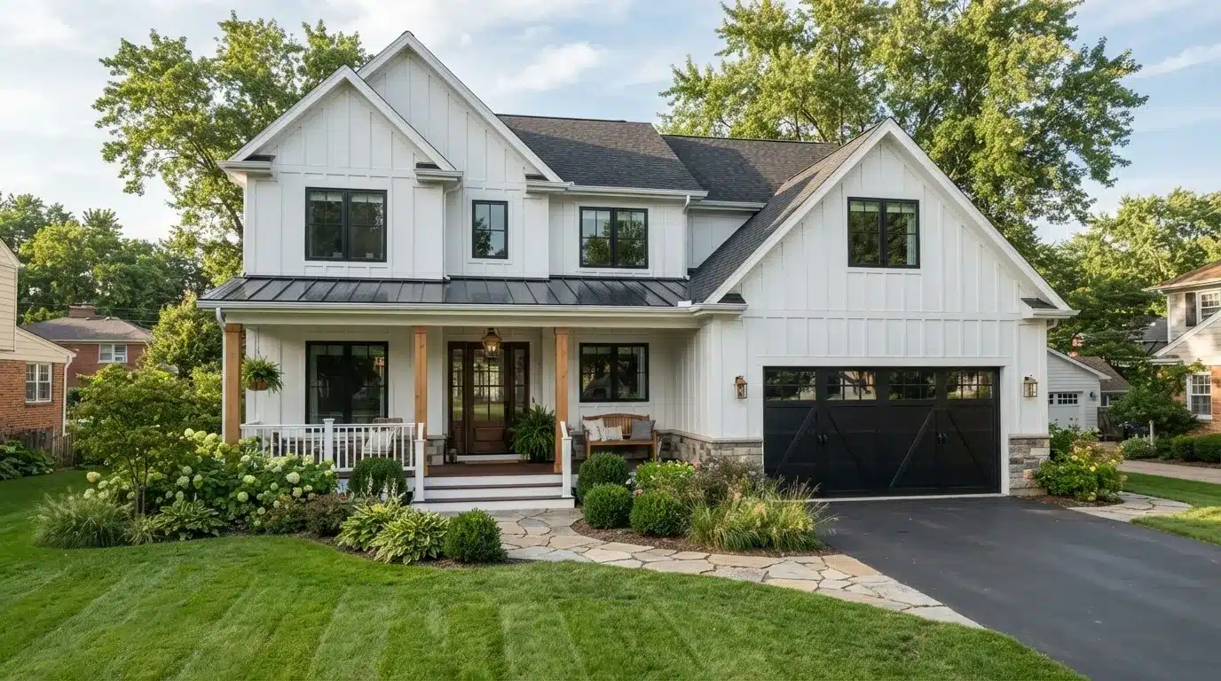 Modern farmhouse style home featuring a black carriage house garage door