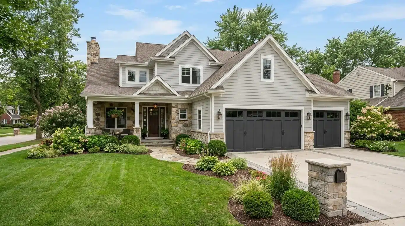 Suburban home featuring a new insulated carriage house style garage door