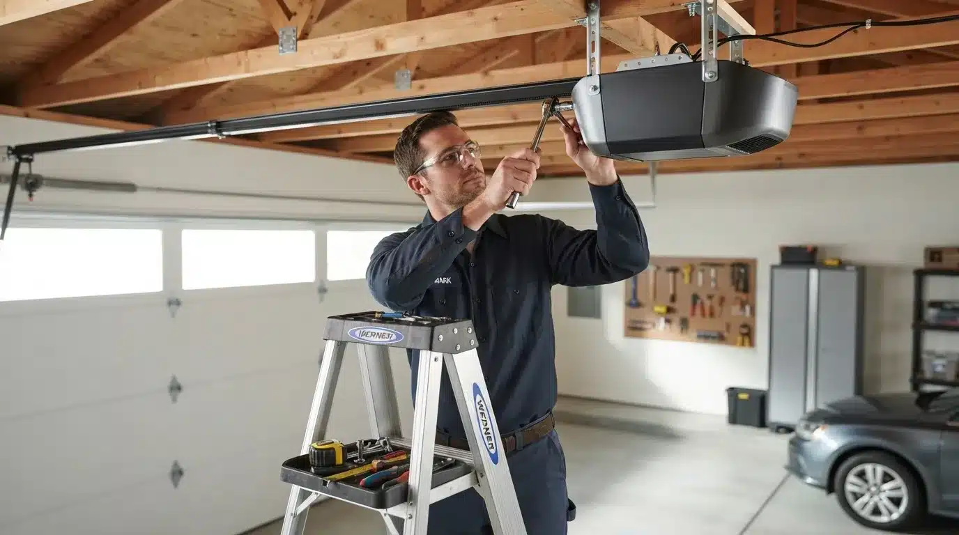 Technician installing a new belt drive garage door opener