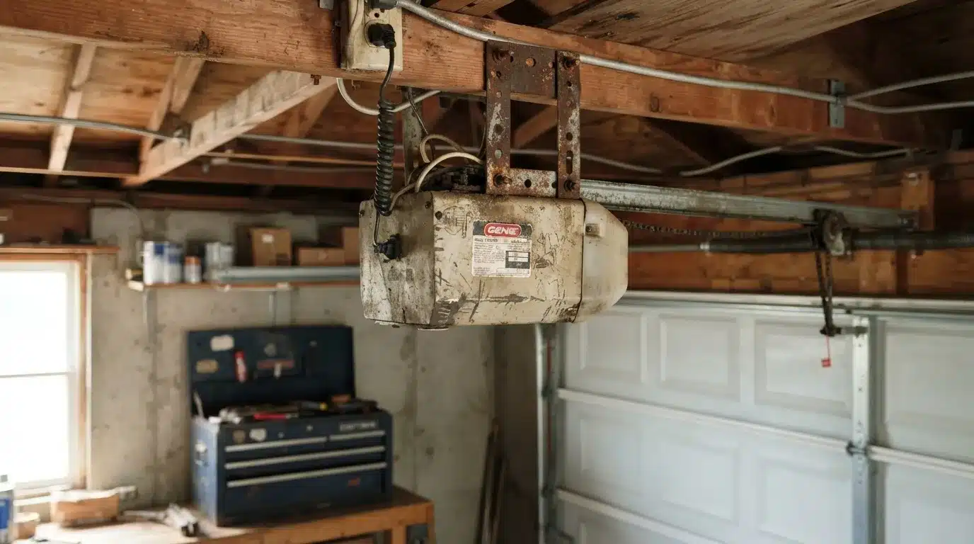 Older garage door opener showing signs of age and wear