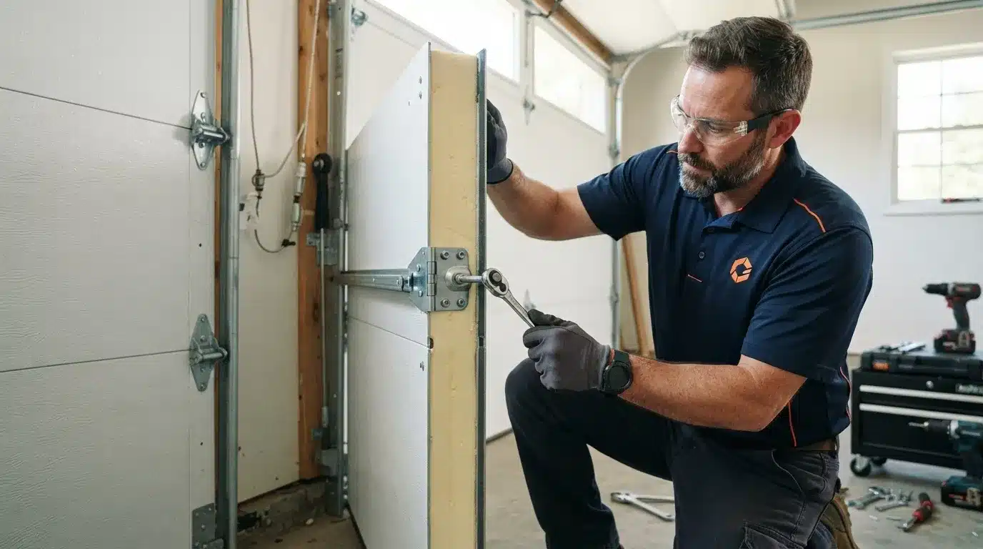 Technician installing a polyurethane insulated steel garage door panel