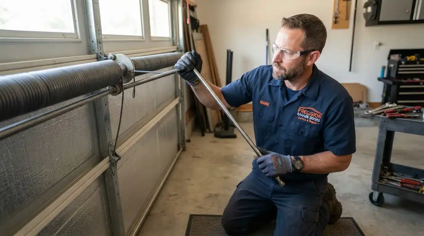 Garage door repair technician using winding bars on a torsion spring