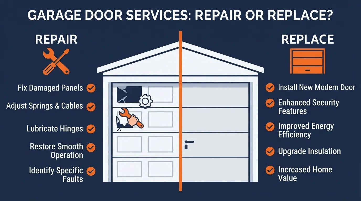 Infographic showing repair versus replace garage door decision
