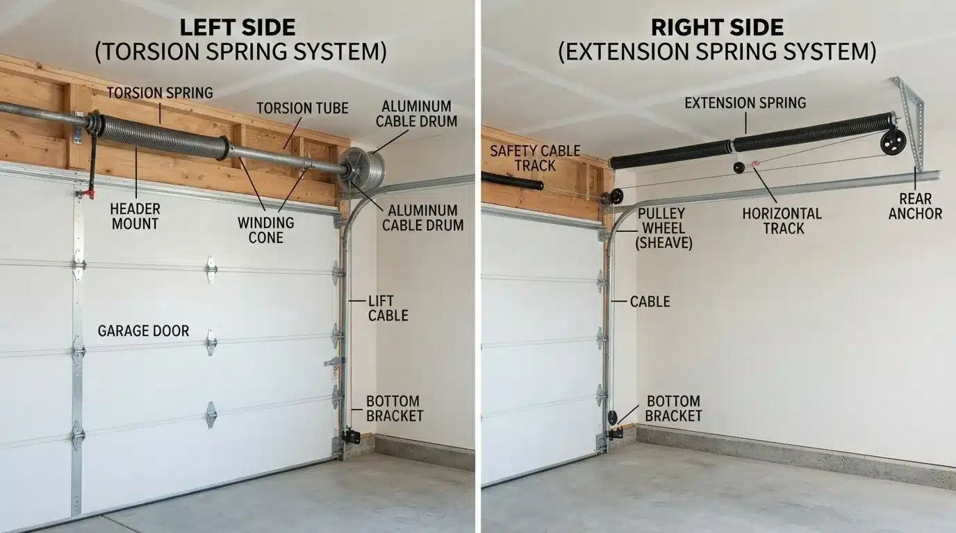 Comparison of torsion cable and extension cable garage door systems