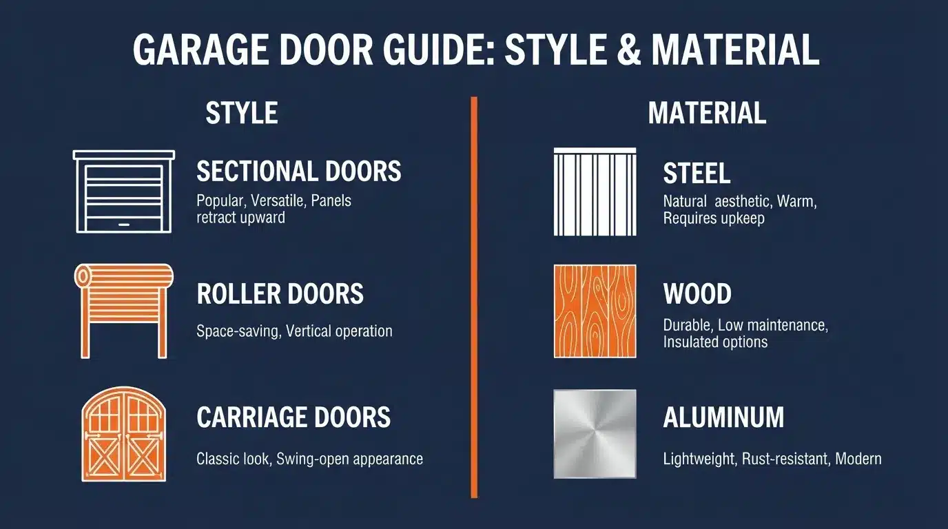 Infographic showing the difference between garage door style and material