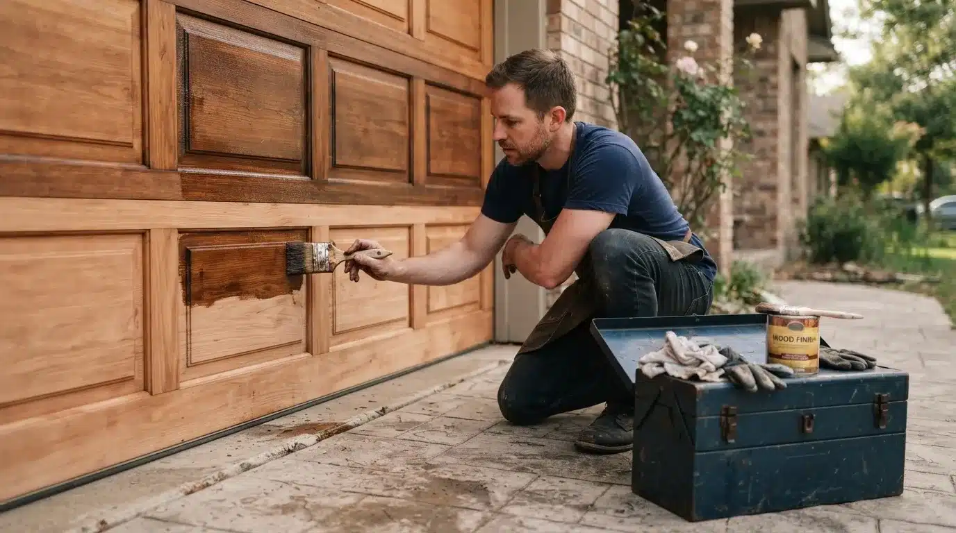 Applying stain or sealant to a wood garage door panel